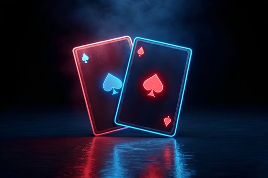Two Neon Lit Playing Cards With Spade And Heart Suits On A Reflective Surface And A Dark Background, playing cards, spade suit, heart suit, neon lights, card game, gambling, casino, games