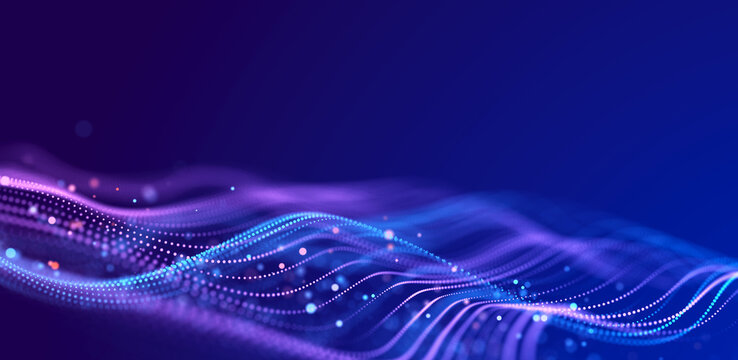 Big data visualization. The musical stream of sounds. Abstract background with interweaving of dots . 3D rendering.