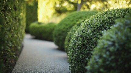Landscaper trimming bushes along a garden path. Featuring attention to detail and neatness