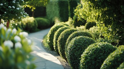 Landscaper trimming bushes along a garden path. Featuring attention to detail and neatness