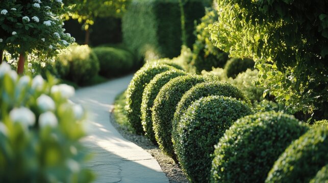 Landscaper trimming bushes along a garden path. Featuring attention to detail and neatness