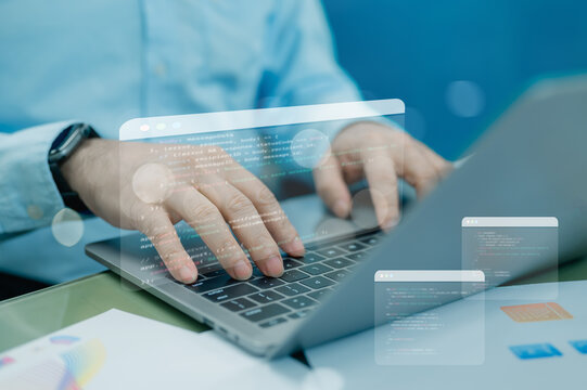 Coding Genius Developer Immersed In Digital Technology, Crafting With Python And Git In Creative Environment On An Open Screen, Building Software Server Solutions With Code Overlay