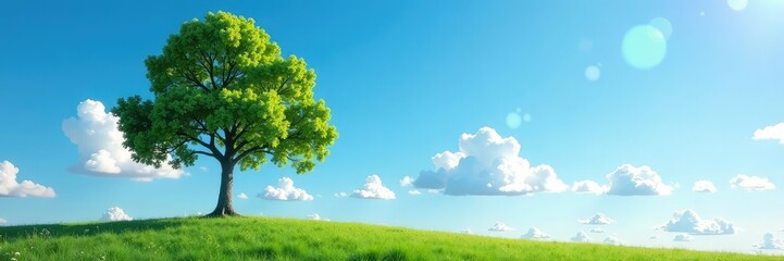 Fototapeta premium Tall solitary tree against a clear blue sky and bright sunshine with clouds, cloud, trees, solitude
