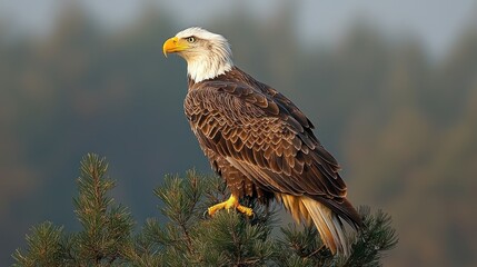 Fototapeta premium Majestic Bald Eagle Perched on Pine Branch