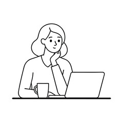 Line Drawing of Woman Working at Desk with Laptop