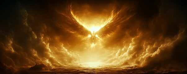 A majestic winged figure emerges from a dramatic celestial fiery scene