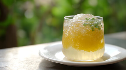 Refreshing Aiyu Jelly Drink Served in a Clear Glass with Green Garnish on a Bright Outdoor Table