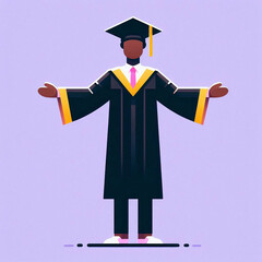 Graduation Day Illustration – Graduate in Cap and Gown with Open Arms on Purple Background