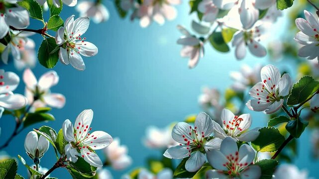  Frame of white spring flowers  on pastel blue background. Apple tree blossom. Video greeting card, copy space. 