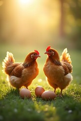 Fototapeta premium Two reddish-brown chickens stand near a couple of brown eggs in a grassy field bathed in the warm