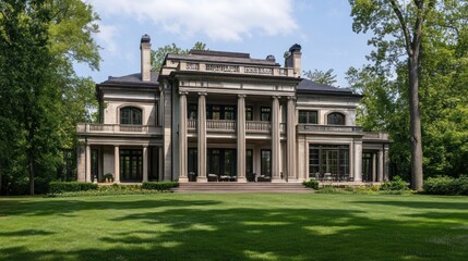 A grand estate home featuring large columns and green lawns