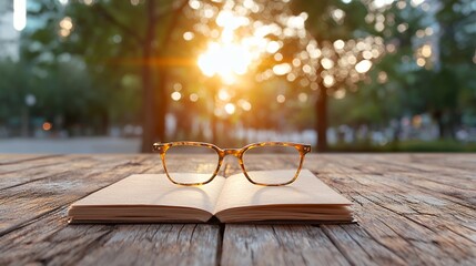 Open book and eyeglasses at sunset park