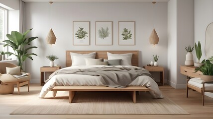Side view of modern master bedroom with white and wooden walls