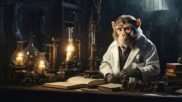 a monkey in a lab coat standing in front of a vat of colorful liquids