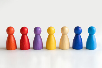 Colorful wooden game pieces, Rainbow pawns, Diverse figurines, White background, Minimalist composition, Equality concept