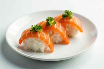 Elegant sushi arrangement on white background, food, healthy, detail