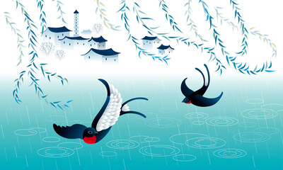 Two swallows flying under willows. Vector, horizontal composition. With raining and foggy scenes as background.