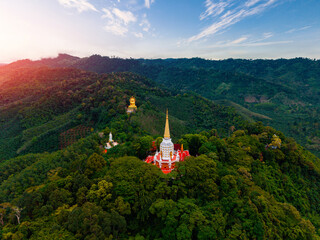 Buddhism Wat Bang Riang Temple sunset, aerial top view, Ranong Thailand