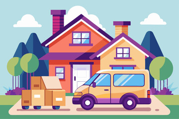 Flat design vector of delivery van with parcels inside, parked in front of a suburban house