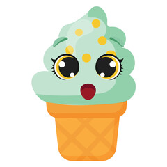 Mint ice cream cone with surprised expression Bright and fun design for summer products, dessert branding, social media graphics, and playful advertising