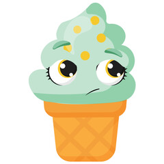 Unhappy mint ice cream with sad face and waffle cone Perfect for dessert-related designs, packaging, emotional branding, summer treats, and creative food visuals