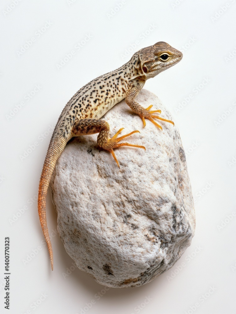 Aufkleber Colorful lizard resting on a textured rock against a white background with a subtle drop shadow