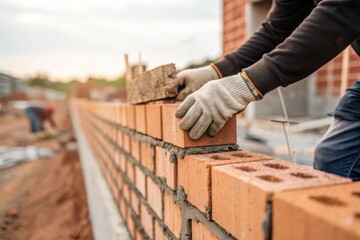 Skilled Mason Laying Bricks for Wall Construction at a Building Site during Sunset with Soft Light Effects
