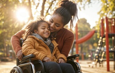 Mother and child on wheelchair smiling together in a park with playground.  