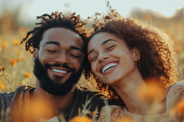 Couple smiling in a field of flowers, radiant joy in nature's embrace.