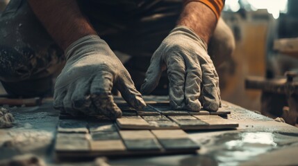 Mason installing tiles in a bathroom. Featuring technique and attention to detail