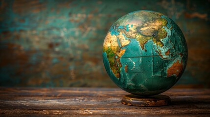 Vintage World Globe Illuminated on Rustic Wooden Surface