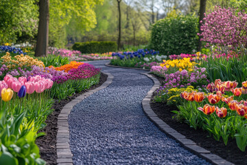 Pathway lined with colorful tulips winding through a vibrant spring garden, under a clear blue sky.