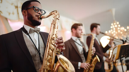 Fototapeta premium Jazz band performing at a wedding, elegant performers in formal attire, classic and sophisticated wedding entertainment