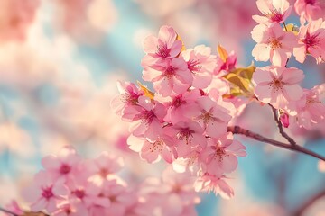 Obraz premium Dreamy Pink Cherry Blossoms Bloom in Spring Sunshine, Soft Floral Background