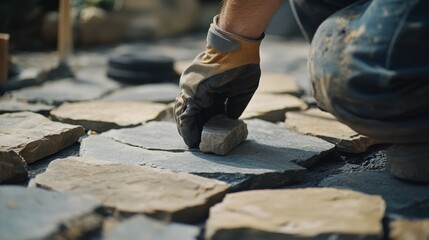 Mason laying stone for a patio. Featuring expertise and craftsmanship