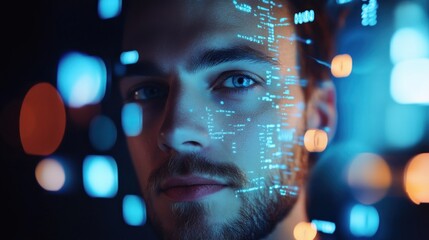 Digital Man:  A futuristic portrait of a man with data overlaying his face, symbolizing the integration of technology and humanity.