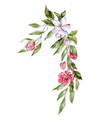 Watercolor floral bouquet featuring apple blossom branches, delicate pink and white flowers, and green leaves. Ideal for wedding invitations, greeting cards, and spring-themed designs
