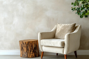 Elegant Minimalist Beige Interior with Wooden Cabinet and Modern Ceramic Decor, Generative AI