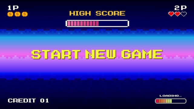 START NEW GAME. press start button. pixel art .8 bit game. Retro Futurism Sci-Fi Background. glowing neon grid. and stars from vintage arcade computer games