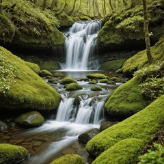 Fototapeta premium Serene waterfall flowing through lush green mossy landscape 