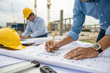 Construction Workers Analyzing Blueprints and Building Plans at a Construction Site with Safety Gear