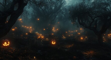 Haunted forest with illuminated pumpkins at night, spooky and mysterious ambiance