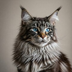 A close-up portrait of a Maine Coon cat with blue eyes against a light brown background.