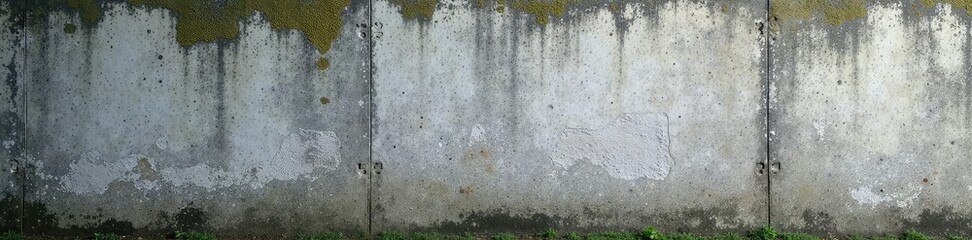 Obraz premium Weathered grey concrete wall with rough cement finish and moss, asphaltic, grey, hewn