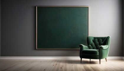 square canvas wall display with a fancy dark green armchair as the centerpiece in an empty room