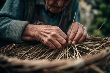 An elderly artisan’s weathered hands meticulously weave a basket outdoors, showcasing intricate detail and a connection to tradition.