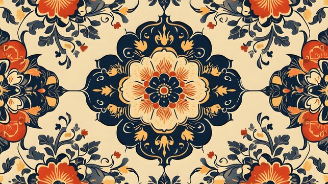 there is a floral pattern with orange and blue flowers on it