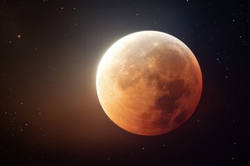 Obraz premium A vibrant, reddish-orange lunar eclipse dominates the night sky, casting an ethereal glow over the tranquil landscape below.