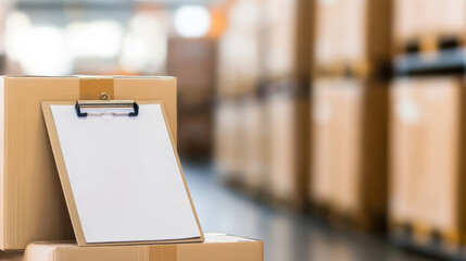 clipboard with blank sheet rests on packed boxes in warehouse setting