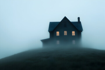 An old manor house on a hill, shrouded in mist, with lights flickering through the curtains.

